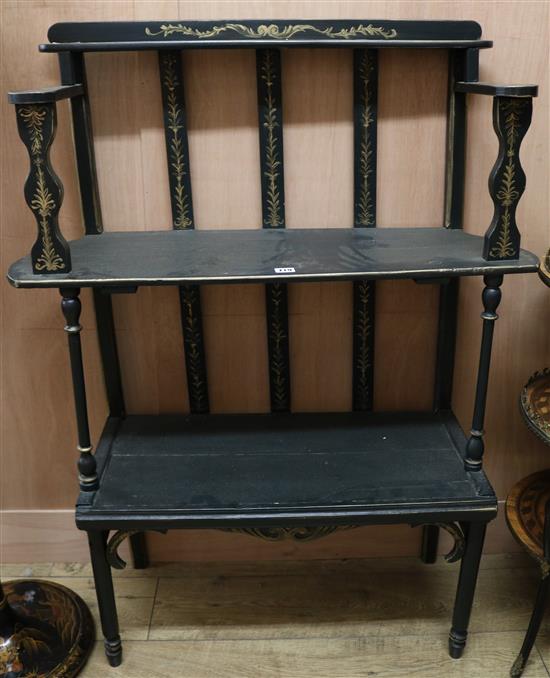 A green and gilt painted floor standing shelves, H.122cm